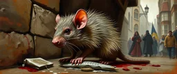 portrait of a hairy rock star spider rat, fantasy art, style of Rembrandt,Dead drop discovery: While walking, a party member stumbles upon a small, blood-stained package hidden in a gutter. It contains a coded message to a cult of the Dead Three. 9-10 Parade of the Patriars: A noble's procession blocks the street. The crowd is forced to bow, and guards roughly shove anyone who doesn't move quickly enough.
