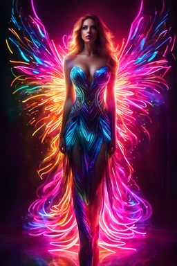 Beautiful woman with dress art neons glowing bright light in the dark and colorful details