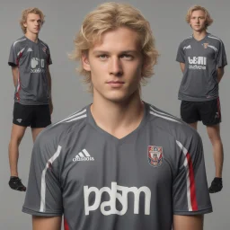 85mm DSLR color photography of a very detailed headshot fitting all of head and hair in frame. 22-year-old Germen soccer player, with blonde hair color and no facial hair and with a small smile, grey background