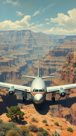 A 1950 commercial airplane with broken glass and doors in front of crashed in the bottom of the Grand Canyon valley, iit is surrendered by the high Grand Canyon mountains in the desert a top view from the top of the Grand Canyon’ mountains, in a forgotten battlefield over run by vegetation, cutesy tiktok detailed oil painting, grainy, old style