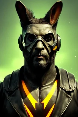 Medium Close Up Portrait, Front image. cyberpunk, rabbit mask, strong man, black hair and beard. latex suit army. Red, yellow, color. Mad max style. Color background, photo studio. Avatar image, highly detailed, concept art, smooth, unreal engine 5, ray tracing, RTX, lumen lighting, ultra detail, volumetric lighting, 3d, finely drawn, high definition, high resolution.