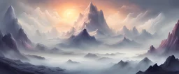 Fantasy Concept Art: majestic fantasy landscape, cartoonish art style, very foggy gigantic mountainrange, ONLY ONE BIG MOUNTAIN like moiunt everest