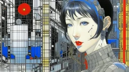 An illustration by Kuniyoshi and and Picasso of a tech-girl inside a futuristic matrix-grid.