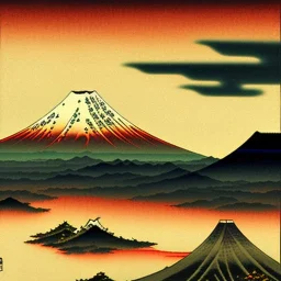 Ukiyo-e painting of a mount fuji at sunset