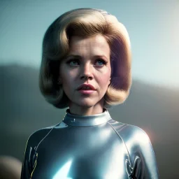 Ultra Realistic retro sci-fi portrait image from 1960, spaceship, sweet young Jane Fonda, dress with tight latex suit, lightsaber, soft color, highly detailed, unreal engine 5, ray tracing, RTX, lumen lighting, ultra detail, volumetric lighting, 3d, finely drawn, high definition, high resolution.