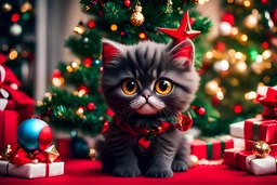 fluffy big eyed kitty sith lord and detailed Christmas tree with red and gold trimmings, beautiful star on top of tree, gifts underneath tree, toys underneath tree