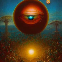 realistic extremely detailed image of big eye in glass sphere ##floating in the air## surrounded by DMT elfs by Karol Bak, Greg Hildebrandt, and Mark Brooks, Neo-Gothic, intricate, surrealism, science fiction, rich deep colors. by Goro Fujita and Simon Stalenhag, Beksinski, 8k masterpiece