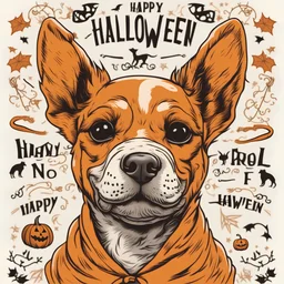 vintage illustration vector T-shirt of a cute dog with the precise words HAPPY HALLOWEEN no background