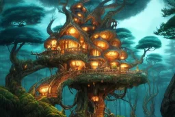 stunning fantasy treehouse of the eaglefolk in the deep wood, concept art, digital art, hyperdetailed, surreal, beautiful lighting, arches, shadows, enchanting, magical, photorealistic, intricate detailed, studio ghibli, by jack vance