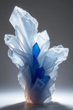 Abstract organic crystal sculpture resembling living silk and glass fusion, translucent fluid membranes folding into sapphire gemstone growths, impossible elegance, soft volumetric light beams, minimal dark studio, ultra refined surreal gallery artwork, 8k