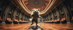 pin hole cam, fluffy mean wolf alien gremlin badger star ship bridge captain dancing in a big hall in the style of Rembrandt and Escher and Dali