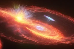 A supernova explosion's blast wave is spreading in a circle outward in all directions, overtaking green and blue worlds, ripping them apart and spreading debris into a ring around the dead star.