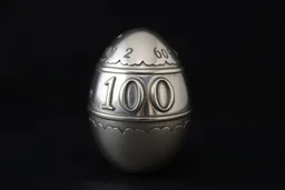 a silver egg in the style of Alma Pihl – that says 100 on it