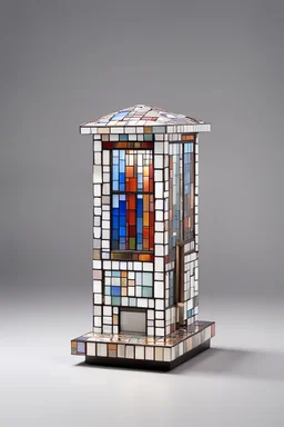 Minimalistic solid porcelain swarovski crystal and stained glass mixed media miniature sculpture of vacant and empty street commercial walk-in kiosk on legs, circa 2000, covered with mosaic, in a contemporary urban art gallery context, 7 centimeters height, semi-height wide shop windows and door, small square window for cash in facade, flat roof, one-story, one-room. Inspired by Bruno Munari, Benetton, gestalt theory, geometry of Castel del Monte, metamodernism and purism.