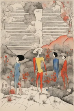 Schiță în creion de Jean Cocteau reprezentand o imagine pe temanatura statica cu oameni si flori , cu culori primare tari, fantezie de înaltă definiție calitate clară, stiluri de Utagawa Hiroshige, Paul Klee Dee Nickerson și Tim Burton, acuarelă topită și contururi de cerneală neagră pe hârtie umedă, linii moi, umbrite