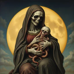 Visual Necromancy, zombie Madonna cradling an anthropomorphic worm baby on the moon, horror art conceived by Hieronymus Bosch, middle-ages surrealist painting, putrescence essence