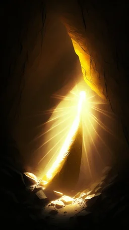 Character on the scree cone of an underground room lit by sunbeams diffuse coming from a well located forty meters above.