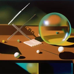 landscape with Soap Bubble,complex surgical instruments mixed with musicial instruments,minimalism,Painting By Adrian Ghenie, Rene Magritte, Salvador Dali, Lucian Freud