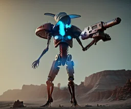 Alien, mech, vest, jellyfishsombrero, metal, holding gun, steel hands, strong, chest plate, holding laserrifle, hammerhead