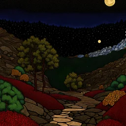 Colourful, peaceful, Egon Schiele, Max Ernst, Vincent Van Gogh, night sky filled with galaxies and stars, rocks, trees, flowers, one-line drawing, sharp focus, 8k, deep 3d field, intricate, ornate