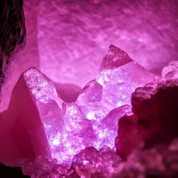 single pink crystal, on an altar in a foggy cave