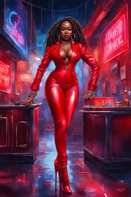 Create a watercolor image of a black curvy female wearing a red leather suit with red heels. Prominent make up with brown eyes. Highly detail black shiny dread locs that flow down her back. Extra-long diamond hoop earrings and jewelry. Background of a night club with neon signs.