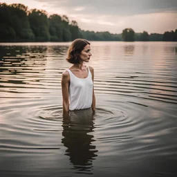 photography of a beautiful anorexic woman, standing in lake water, white top, yoga flyer, brunette short wavy bob haircut, serenity, misty, relaxing image