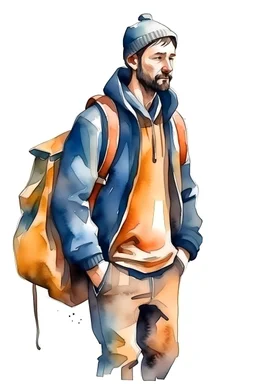 a man with a bag in his hand. watercolor drawing.