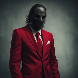 a sinister figure wearing a red suit with a red tie with no face and dirty hair