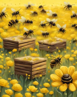 bees on hives on a yellow flower field, abstract illustration