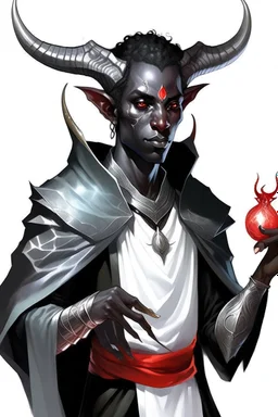 En Young male black skin black hair tiefling Wizard with large horns fra dnd. a book with Arcane Magic floating in front of him. in a silver and White Rope and a silver cloak. His horn a perfectly place on acet from the front to the back pointing upwards with glowing Red cat Eyes. His close is elegant get simple. Holding an ice Crystal in his Right Hand