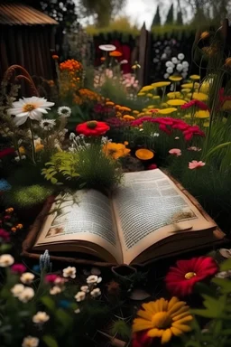 A garden full of flowers and a magical book full of tales and stories