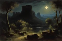 Night, rocks, vegetations, mountains, charles leickert impressionism p