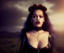 Rita ora, 1800s, vampire, fangs, long curly black hair, choker, black rose, Victorian dress, headdress, blood, castle