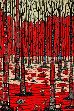 A red savanna with tall trees designed in Matryoshka dolls painted by Jean Dubuffet