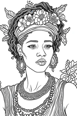 Outline art for coloring page of YOUNG SAD AFRICAN WOMAN WITH A LEI NECKLACE. Coloring page, white background, Sketch style, eye level, only use outline, clean line art, white background, no shadows, no shading, no color, clear