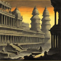 art by "Piranesi", painting, landscape , Feigned The Palace Beyond Good and Evil, at Dawn, Illustration, Hopeless, 70s Science Fiction, Provia, overly complex style