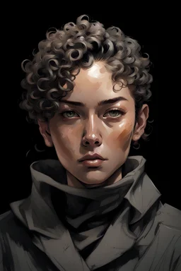 Portrait of a young female with short curly hair, horn on her forehead. Include gray eyes, with a tan skin complexion. Draw the portrait in the style of Yoji Shinkawa.
