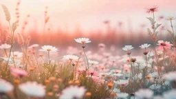 beautiful colorful meadow of wild flowers floral background, landscape with white or pink flowers with sunset and blurred background. Soft pastel Magical nature copy space evening not bright