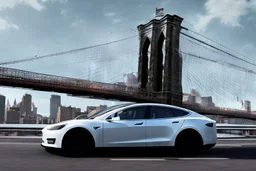 A Tesla's 'Model S' is drifting at top speed, on the 'Brooklyn Bridge' in New York. CINEMATIC. WIDE ANGLE LENS. PHOTO REAL.