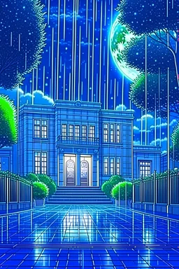 A beautiful empty school, its color is a mixture of blue and white, heavy rain, green trees, beautiful and wonderful roses, in addition to the appearance of the moon and snowfall, accurate and strong details style anime