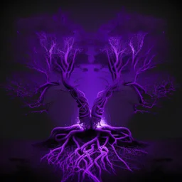 two trees with roots connected purple dark neon