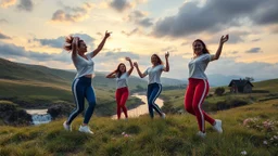 a group of young ladies in sports pants and blouse are dancing to camera in high grassy hills,a small fall and river and wild flowers at river sides, some village house,cloudy sun set sky