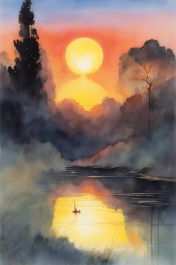 A soft-focus image of the golden sunset casting a warm glow lcreat watercolor, in the Bosch style, Bill Sienkiewicz and Jean Giraud Moebius, highly detailed,