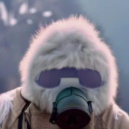 Yeti in a mask, background = (wildfires, mountains, fires, smoke, disaster)