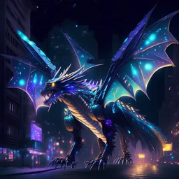 robotic eastern dragon with glowing accents and holographic wings at night time in a city