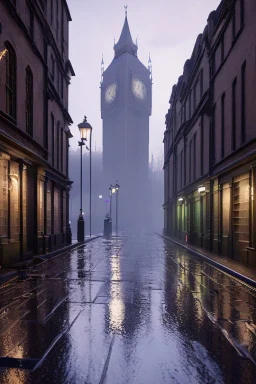 London street at night, many houses, wet ground, pole with round light