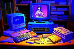 retro anime style, serious 1990s OVA anime style, retro tech on a desk, Magneto-optical disk, floppy disk, Hard disks, ram, VHS, Retro pc, slight watercolor, no humans