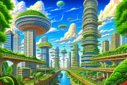 detailed alien cityscape, buildings with balconies, tracks, roads, paths, river, trees, dense foliage, blue sky, white clouds