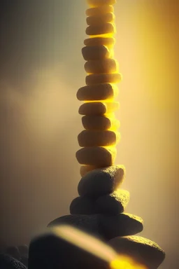 tower build of yellow stones misty trending, depth of field, backlit